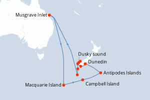 carte itinéraire croisière Australie Nouvelle Zélande 14 jours au départ du port de Dunedin