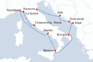 Carte de l'itinéraire de croisière Civitavecchia - Rome-Ravenne d'une durée de 10 jours