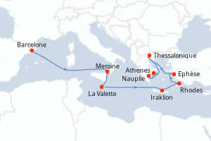 carte itinéraire croisière Sicile 13 jours au départ du port de Barcelone