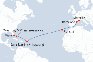 carte itinéraire croisière Transatlantique 15 jours au départ du port de Marseille