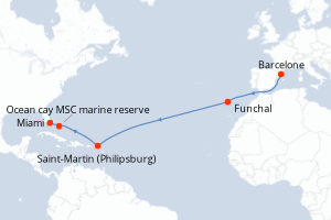 carte itinéraire croisière Transatlantique 14 jours au départ du port de Barcelone