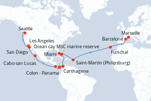 carte itinéraire croisière Transatlantique 33 jours au départ du port de Marseille
