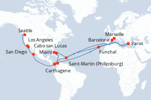 carte itinéraire croisière Alaska 33 jours au départ du port de Marseille