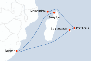 Carte de l'itinéraire de croisière Durban-Durban d'une durée de 14 jours
