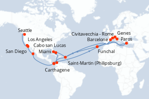 carte itinéraire croisière Alaska 35 jours au départ du port de Civitavecchia - Rome