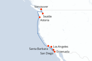 carte itinéraire croisière Riviera Mexicaine 9 jours au départ du port de Vancouver