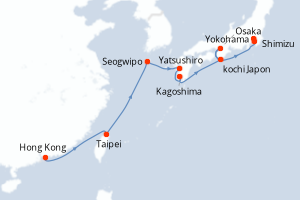 Carte de l'itinéraire de croisière Hong Kong-Yokohama d'une durée de 11 jours