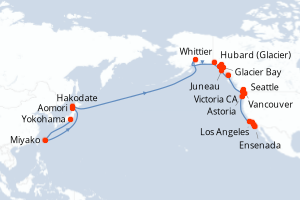 carte itinéraire croisière Asie 30 jours au départ du port de Yokohama