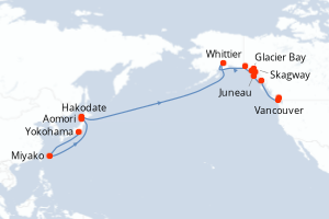Carte de l'itinéraire de croisière Yokohama-Vancouver d'une durée de 21 jours