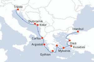 Carte de l'itinéraire de croisière Istanbul-Trieste d'une durée de 12 jours