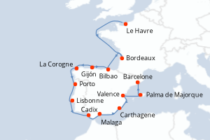 Carte de l'itinéraire de croisière Le Havre-Barcelone d'une durée de 16 jours