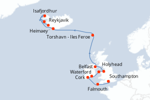 carte itinéraire croisière Europe du Nord 14 jours au départ du port de Southampton