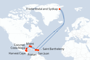 carte itinéraire croisière Caraïbes Bahamas 17 jours au départ du port de Miami