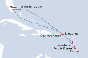 carte itinéraire croisière Caraïbes Bahamas 11 jours au départ du port de Miami