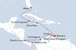 Carte de l'itinéraire de croisière Miami-Panama city d'une durée de 12 jours