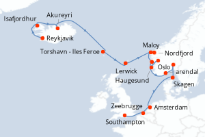 carte itinéraire croisière Europe du Nord 18 jours au départ du port de Reykjavik