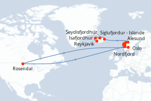 Carte de l'itinéraire de croisière Reykjavik-Oslo d'une durée de 14 jours