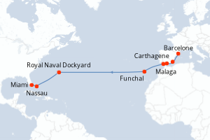 carte itinéraire croisière Transatlantique 16 jours au départ du port de Barcelone