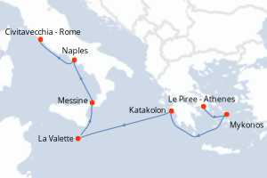 carte itinéraire croisière Sicile 7 jours au départ du port de Le Piree - Athenes