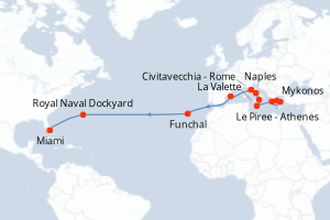 carte itinéraire croisière Transatlantique 21 jours au départ du port de Le Piree - Athenes