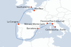carte itinéraire croisière Europe du Nord 13 jours au départ du port de Civitavecchia - Rome