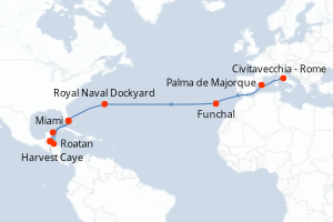 carte itinéraire croisière Transatlantique 21 jours au départ du port de Civitavecchia - Rome