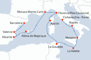 carte itinéraire croisière Sicile 14 jours au départ du port de Civitavecchia - Rome