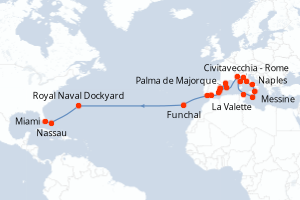 carte itinéraire croisière Transatlantique 30 jours au départ du port de Civitavecchia - Rome