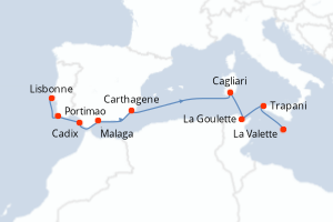 carte itinéraire croisière Sicile 11 jours au départ du port de Lisbonne