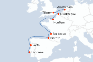 carte itinéraire croisière Atlantique 12 jours au départ du port de Amsterdam