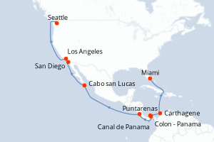 Carte de l'itinéraire de croisière Miami-Puntarenas d'une durée de 18 jours