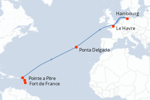 Carte de l'itinéraire de croisière Fort de France-Le Havre d'une durée de 15 jours