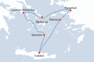 Carte de l'itinéraire de croisière Kusadasi-Kusadasi d'une durée de 3 jours