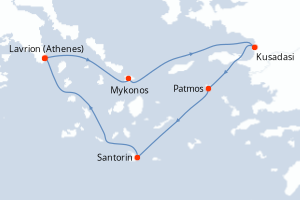 carte itinéraire croisière Méditerranée 3 jours au départ du port de Lavrion (Athenes)