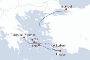 Carte de l'itinéraire de croisière Istanbul-Le Piree - Athenes d'une durée de 6 jours