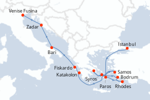Carte de l'itinéraire de croisière Istanbul-Venise Fusina d'une durée de 13 jours