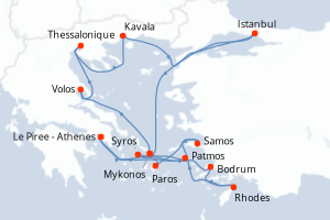 Carte de l'itinéraire de croisière Le Piree - Athenes-Le Piree - Athenes d'une durée de 14 jours