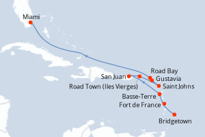 Carte de l'itinéraire de croisière Bridgetown-Miami d'une durée de 10 jours