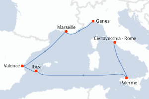 carte itinéraire croisière Sicile 6 jours au départ du port de Civitavecchia - Rome