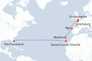 carte itinéraire croisière Transatlantique 15 jours au départ du port de Southampton