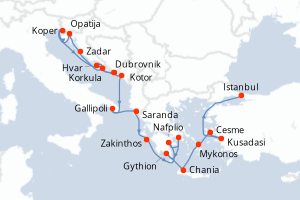 carte itinéraire croisière Méditerranée 21 jours au départ du port de Dubrovnik