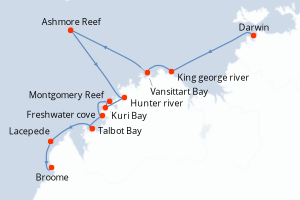 Carte de l'itinéraire de croisière Darwin-Broome d'une durée de 10 jours
