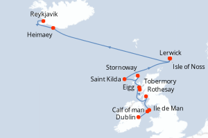 Carte de l'itinéraire de croisière Dublin-Reykjavik d'une durée de 10 jours