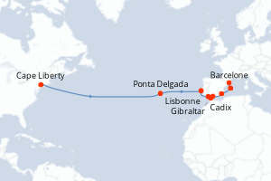 carte itinéraire croisière Transatlantique 15 jours au départ du port de Cape Liberty