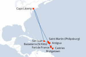 carte itinéraire croisière Amérique du Nord 14 jours au départ du port de Cape Liberty