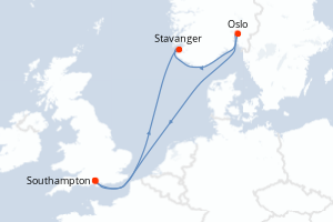 carte itinéraire croisière Fjörds norvégiens 6 jours au départ du port de Southampton