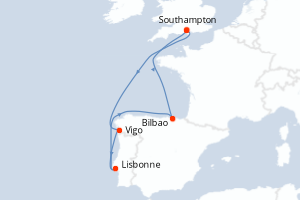 carte itinéraire croisière Europe du Nord 7 jours au départ du port de Southampton