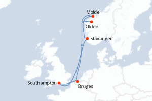 Carte de l'itinéraire de croisière Southampton-Southampton d'une durée de 7 jours