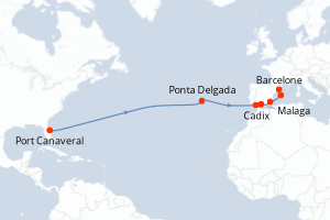 carte itinéraire croisière Transatlantique 14 jours au départ du port de Port Canaveral