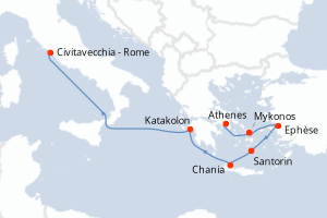 Carte de l'itinéraire de croisière Le Piree - Athenes-Civitavecchia - Rome d'une durée de 7 jours